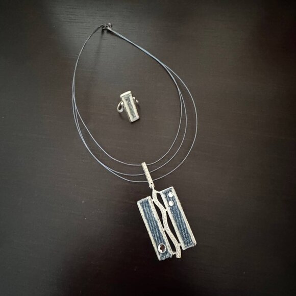 Vintage Unique Statement Necklace & Ring Set in Silver/Denim - Picture 1 of 10